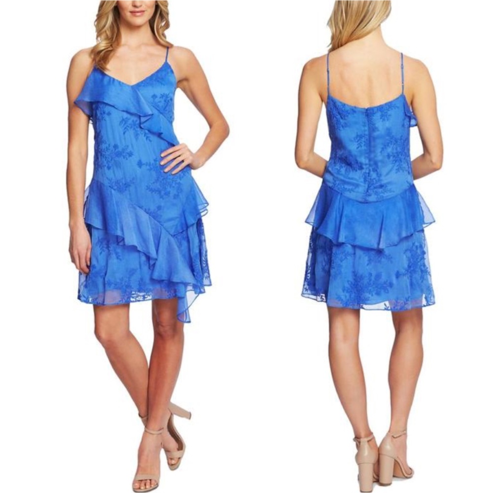 CECE CASCADE RUFFLE EMBROIDERED SHIFT DRESS
